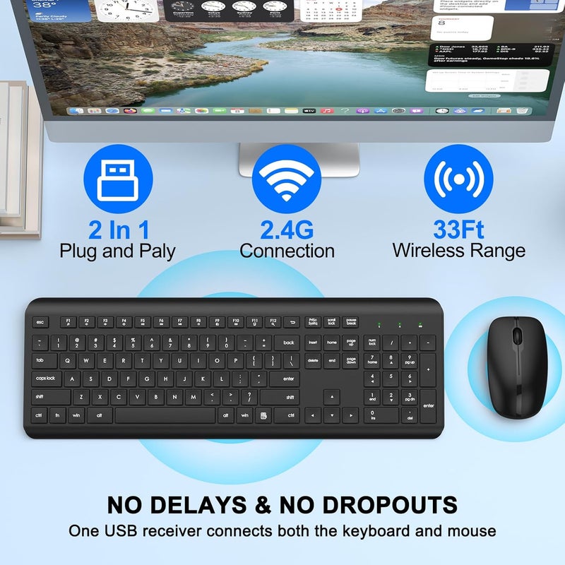 QUASIO Wireless Keyboard and Mouse Combo, Full-Size Silent Ergonomic Keyboard and Optical Mouse, Long Battery Life, 2.4GHz Lag-Free Cordless Mice Keyboard for Computer, Mac, Laptop, PC, Windows - Image 2